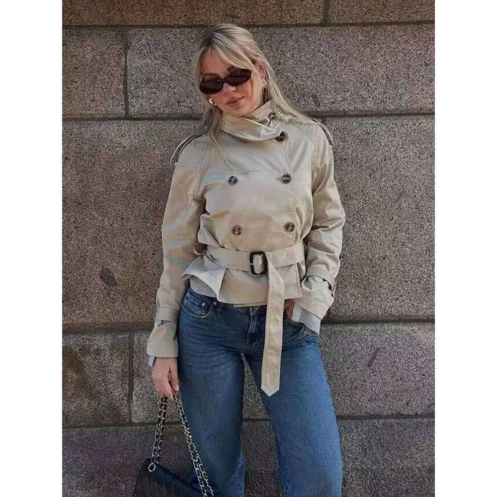HH Women Vintage Solid Belt Trench Coat Windbreaker Double Breasted Long Sleeve Jackets Autumn Fashion High Street Lady Outwear