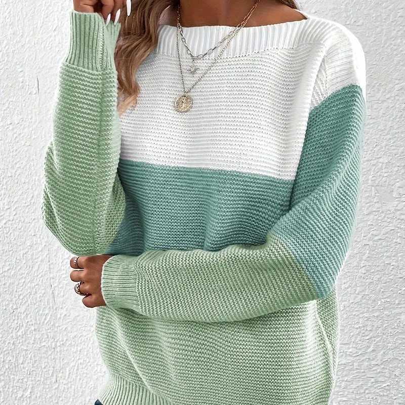 New Autumn Winter Knitted Sweater Womens Contrast Color Splicing Round Neck Long Sleeve Pullover TopT251025
