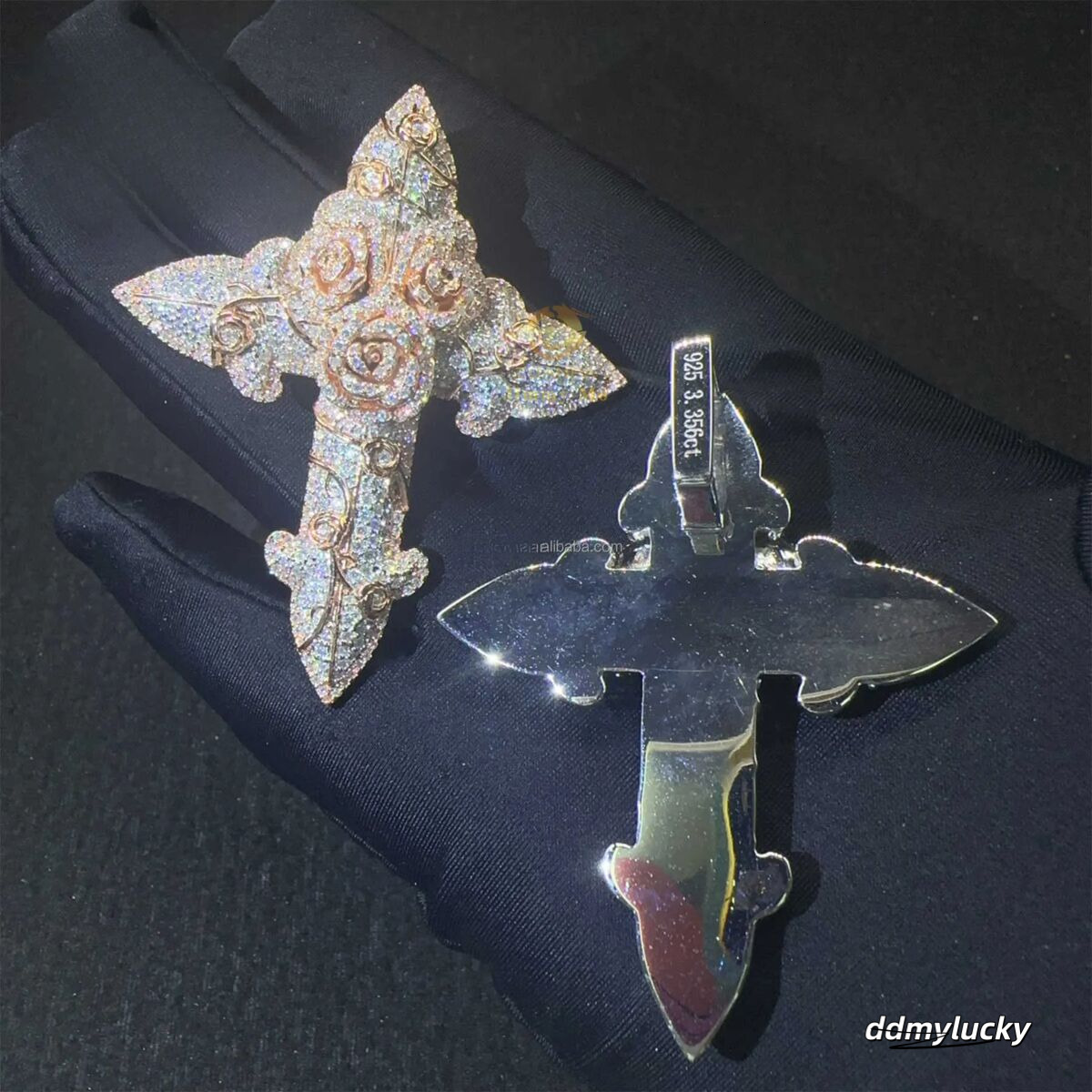 In Stock Fashion Man Jewelry Gold Color Hip Hop S Vvs1 Moissanite Dia Rose Flower Cross Pendant Necklace Set Ddmylucky