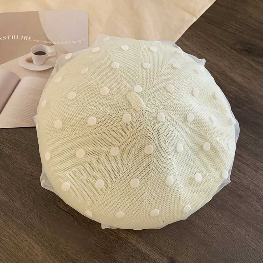 Fashion Korean Polka Dot Berets Mesh Y2k Knit Painter Cs Lace Casual Beanie C Spring Summer Y251025