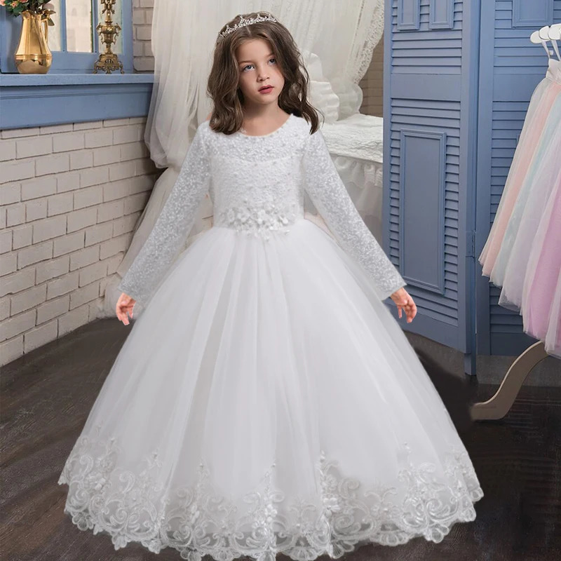 Flower Girl Wedding White Lace Dress Elegant Girl Beauty Pageant Princess Long Dress 412yearold Summer Childrens Clothin 251023