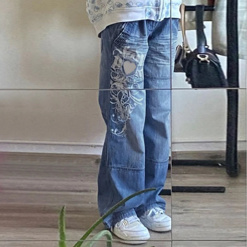 Womens Harajuku Print Jeans Floral Print Vintage Aesthetic Baggy Straight Pants Grunge Casual Outfits Trousers Streetwear Y2k 251023