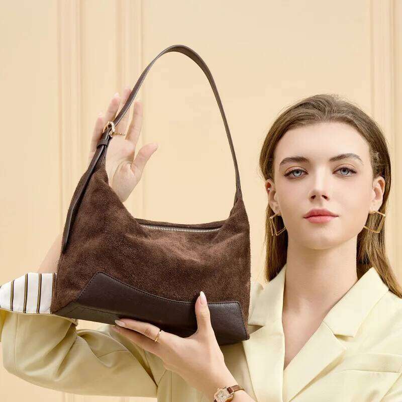 Suede Women Underarm Shoulder Bag Designer Genuine Leather Splicing Lady Commuter Handbags Winter Elegant Chic Purse 1025