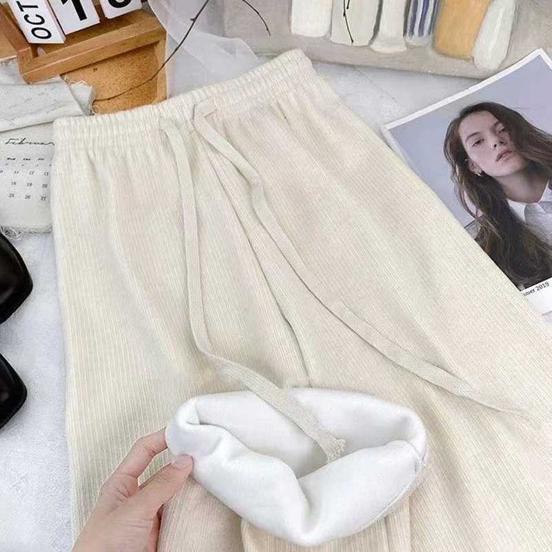 Casual Elastic Waist Fleece Pants Women 2025 Drawstring Lace Up Wide Leg Trousers Woman Pocket Warm Autumn Winter Pants FemaleT251025