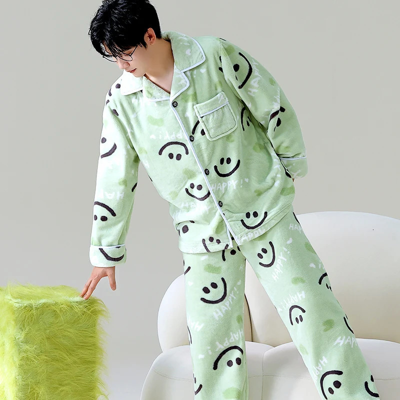 Cartoon Winter Pajamas Mens Open Cardigan Thiened Flannel Home Clothes Warm Spwear Long Sve Long Pants for Youth 251021