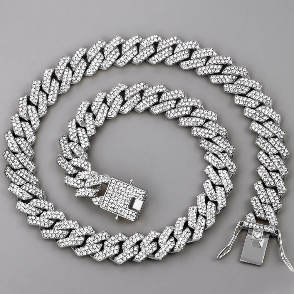 Iced Out Cuban Link Chain 2 Row Diamond Cuban Chain Rhombus Prong Cuban Choker Necklaces Women Men Hip Hop Jewelry 251013