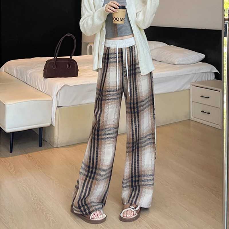 2025 Autumn Winter Plaid Woolen Pants Women Y2K Fashion Streetwear Straight Pants Patchwork Elastic Waist Wide Leg Trousers LadyT251025