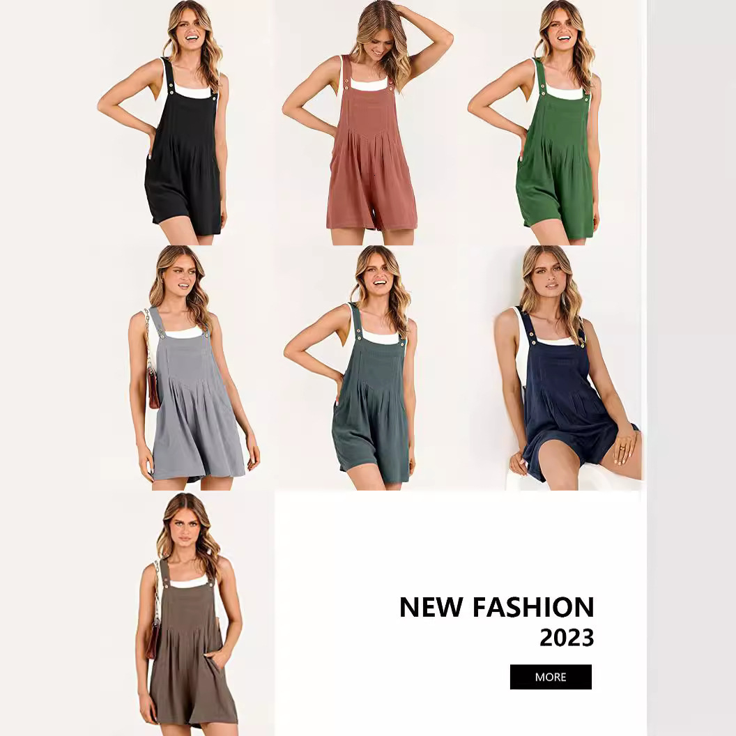 Women's Loose Fit Cotton Linen Pocketed Casual Slimming Wide Leg Jumpsuit Shorts