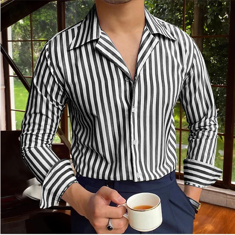 Mens Long Sleeves shirt buttonup shirt summer shirt blue long sleeve striped lapel vacation clothing fashion casual Tops 251023