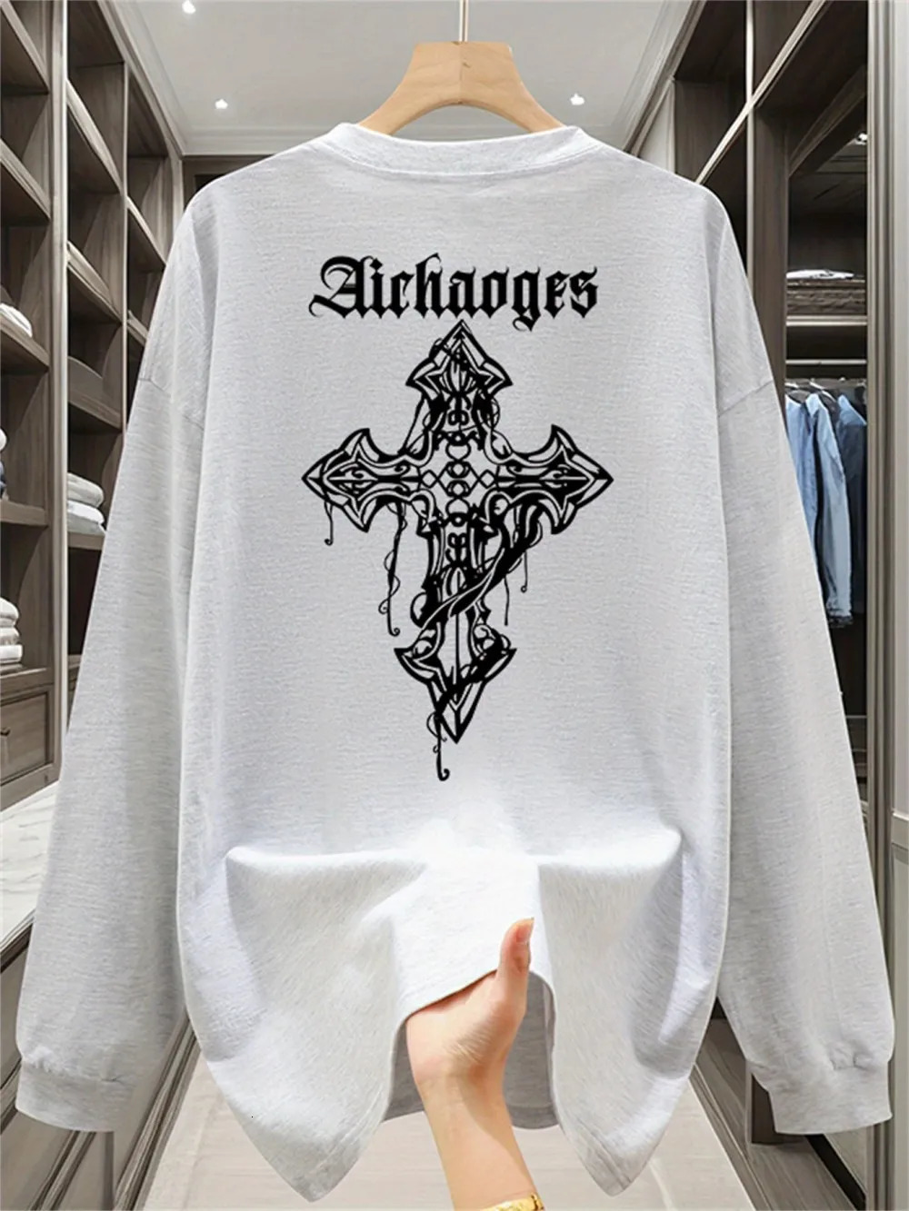 Autumn American Mens Gothic Cross Letter Printed Comfortable Long Sleeve Tshirt Outdoor Urban High Street Top 251020