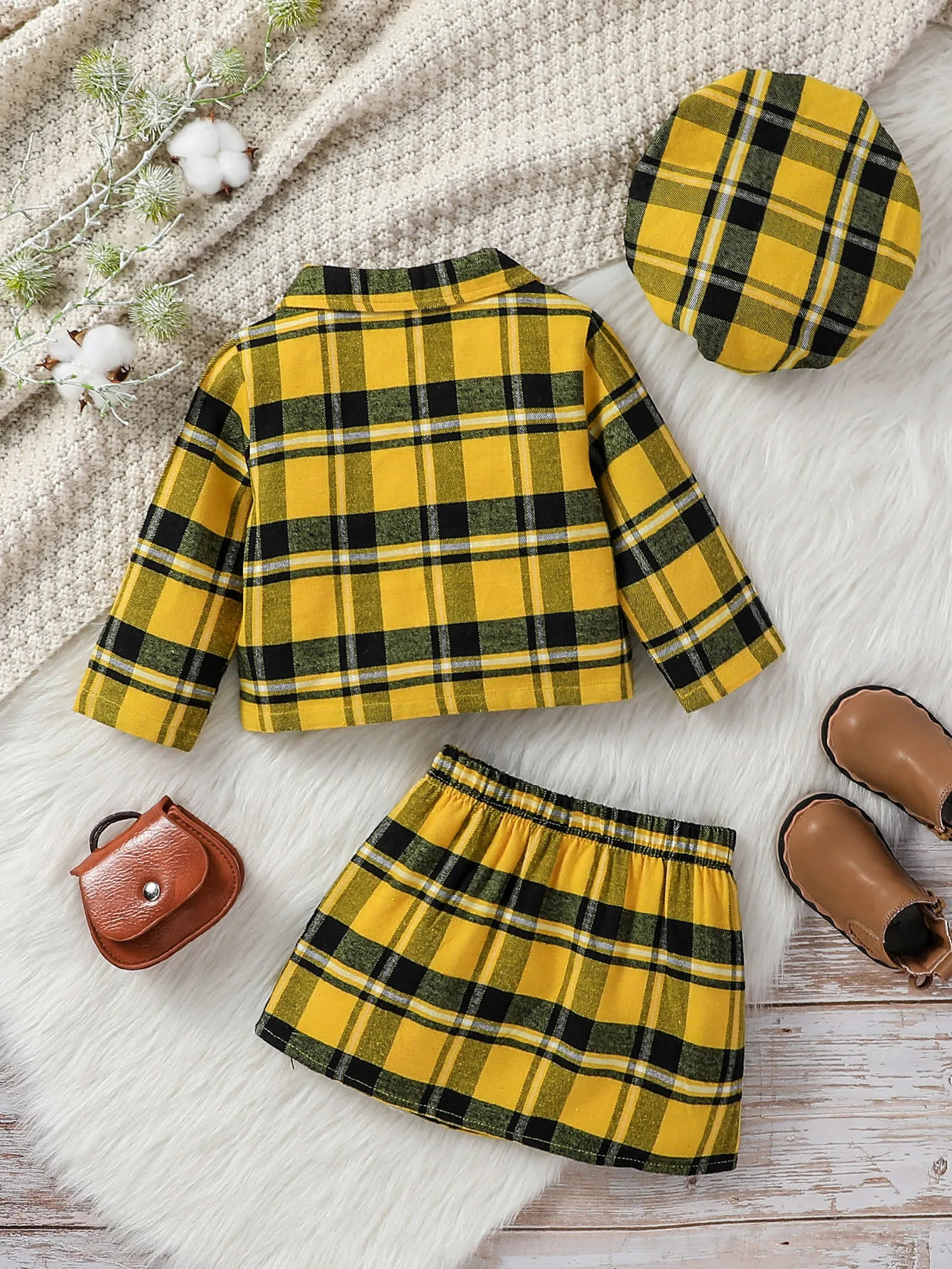 3Pcs Baby Gilrs Turndown Collar Plaid Shirt Fall Skirt Set For 13Y Fashion Outdoor Clothing WearHat 251023