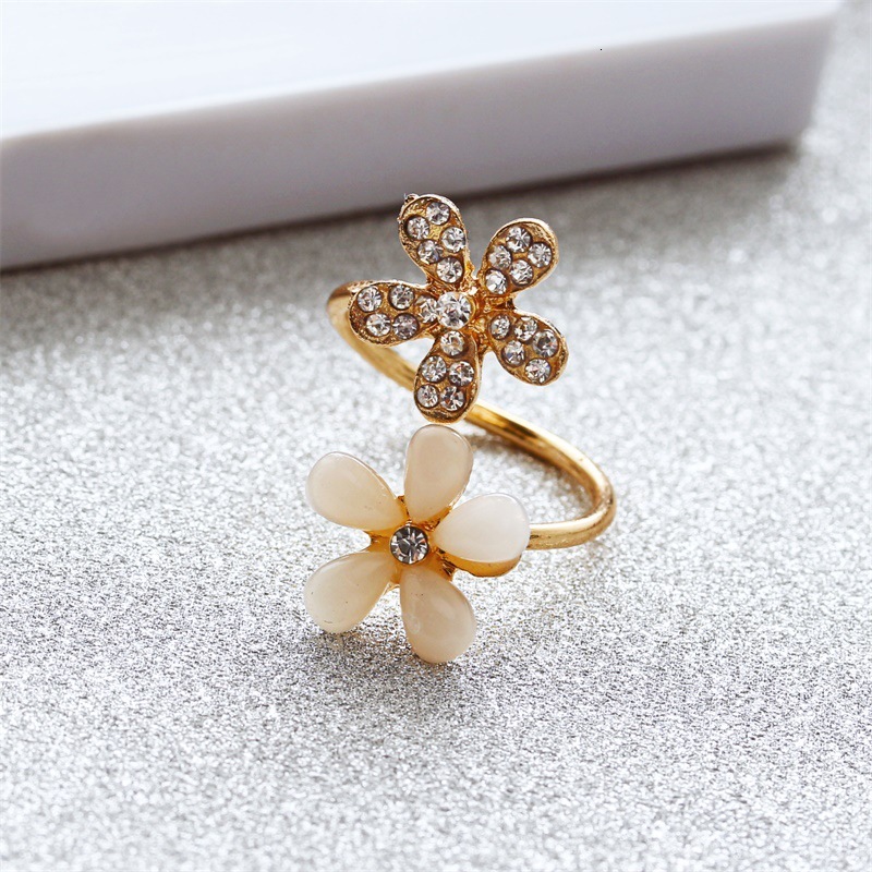 New Cat's Eye Stone Open Version Micro Pave Five-Leaf Flower Ring Korean Trendy Jewelry