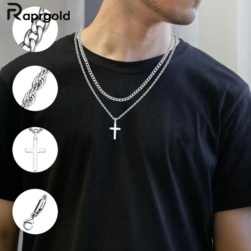 RAPRGOLD 925 Sterling Silver Cross Pendant Necklace for Men and Women Doublelayered Cuban Rope Chain Fine Jewelry Gifts collares 251013
