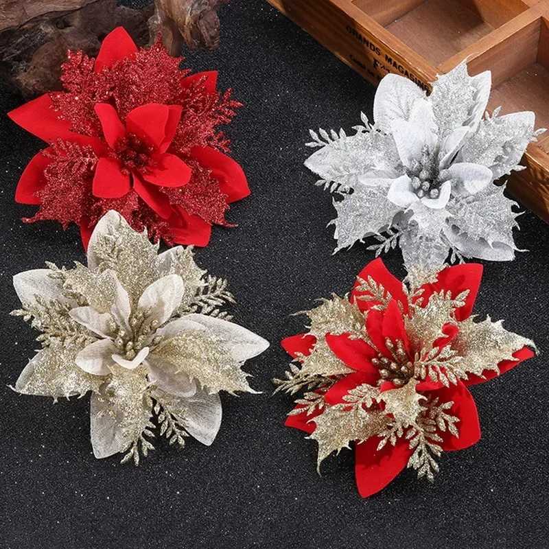 5PCS Glitter Artificial Christmas Flower Red Rose Head Flower Christmas Tree Decoration Home Wedding Party DIY Accessories C251024