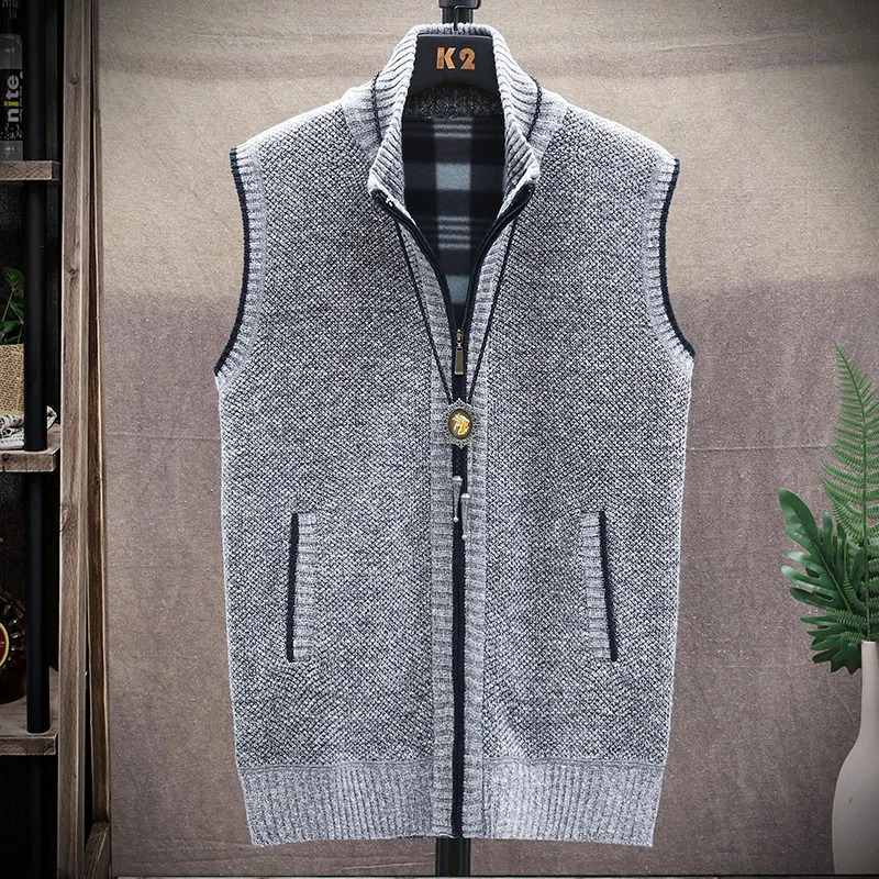 Mens Sweater Vest Solid Knit Sweaters Sleeveless Jackets Knitted Cardigan Zip Coat Turtleneck Fleece Warm Homme Clothes 251016