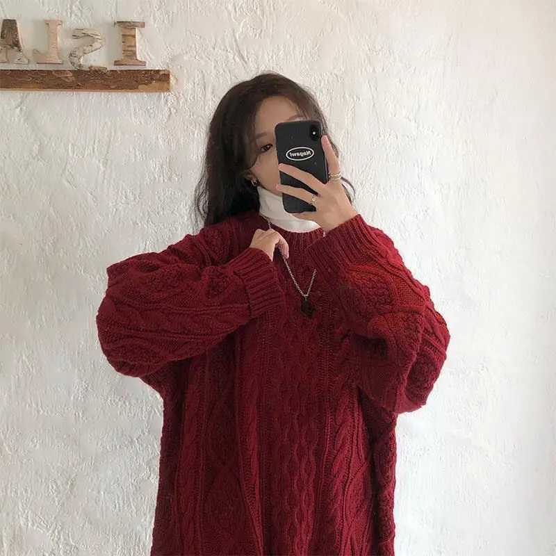 Red Vintage Knitted Sweaters Autumn Winter Pullovers for Women Chic Baggy Students Korean Style Aesthetic College Stylish BasicT251025