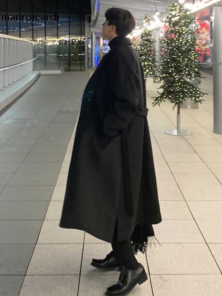 Mauroicardi Autumn Winter Long Loose Casual Black Warm Wool Blends Trench Coat Men Double Breasted Korean FashionT251025