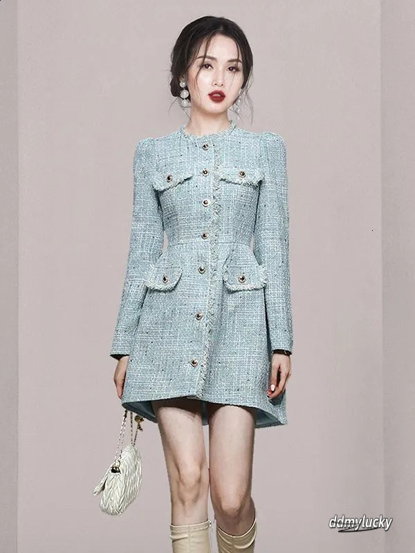 Womens Autumn And Winter Pullover Round Neck Panel Button Solid Color Slimming Mid Length Flower Tweed Long Sleeved Dress 240824 Ddmylucky