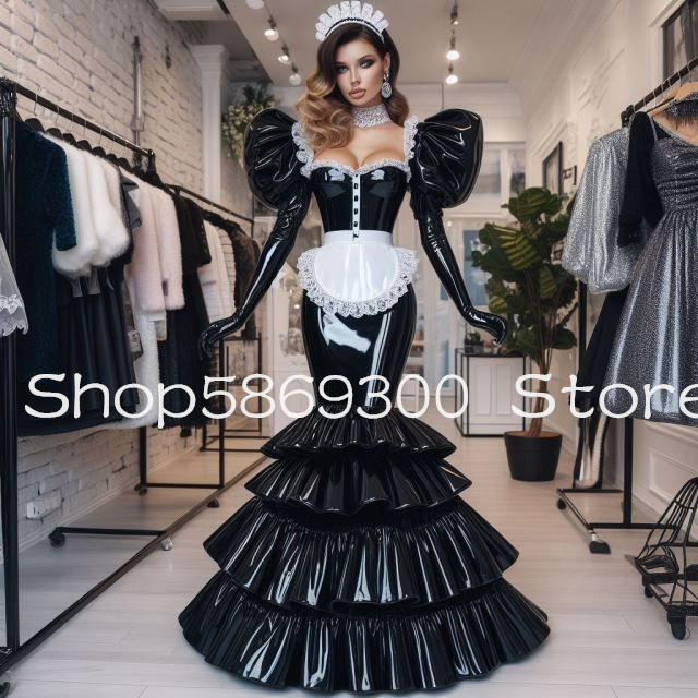 Shiny Black Mermaid Victorian Prom Dresses Puffy Long Sleeve Apron Tiered Skirt Corset Top Cosplay Evening Gown Customsized