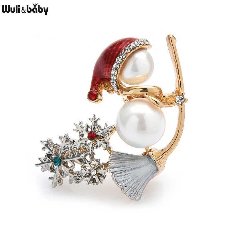 Wulibaby Witch On a Sweep Brooches Simulatedpearl Chritmas Snowman Rhinestone Snowflake 2021 Women Brooches Gift Pins J251115