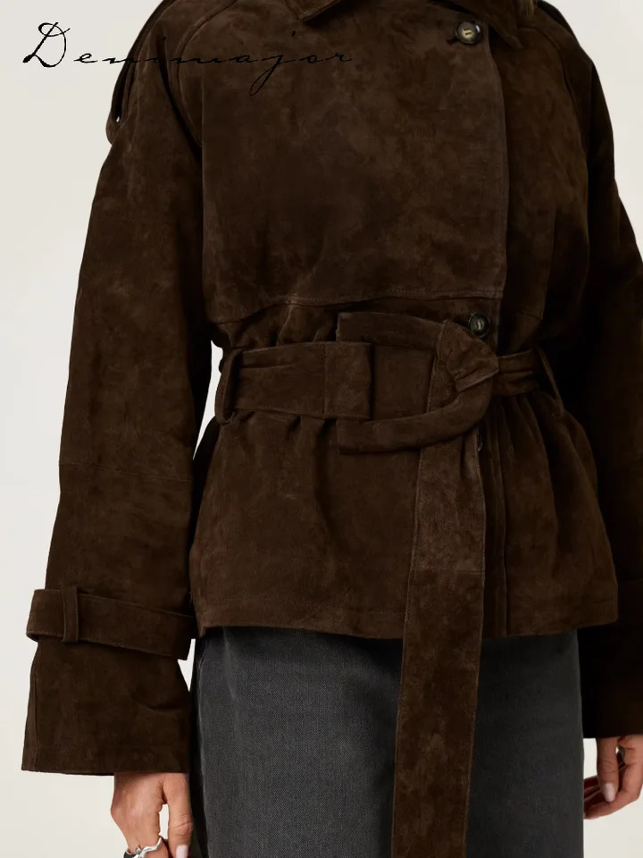 Vintage Lace Up Brown Suede Jacket Women Belt Loose Lapel Single Breasted Full Sleeve Jacket Autumn Lady Street Outwear 251020