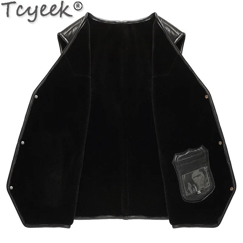Tcyeek Real Leather Vest for Men Autumn Winter Clothes Genuine Sheepskin Fur Sleeveless Jacket Mens Vests Single Breasted 251020