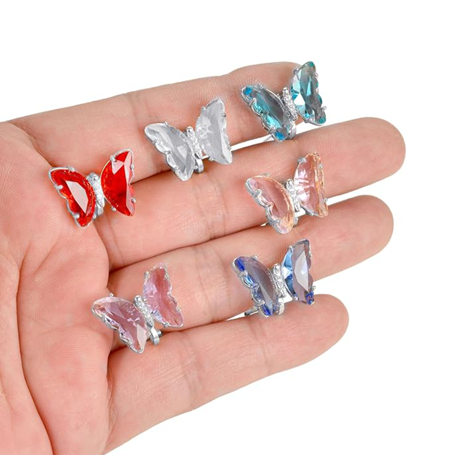 6 Pairs Butterfly Shape Crystal Clip on Earrings Non Pierced Stud Multicolored CZ Earrings for Women Silver Tone