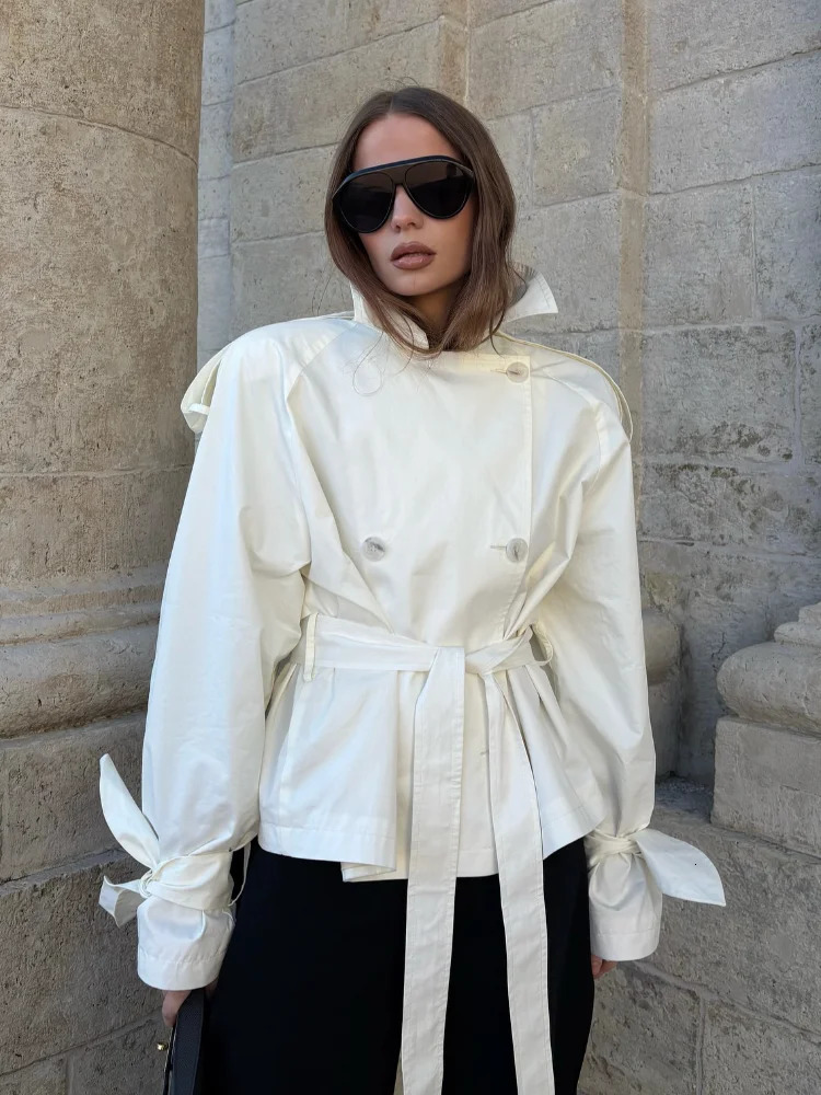 Double Breasted Waist Cinching Lace Up Short Windbreaker Women Retro Turndown Collar Long Sleeve Patchwork Coats Chic Lady Coat 251013
