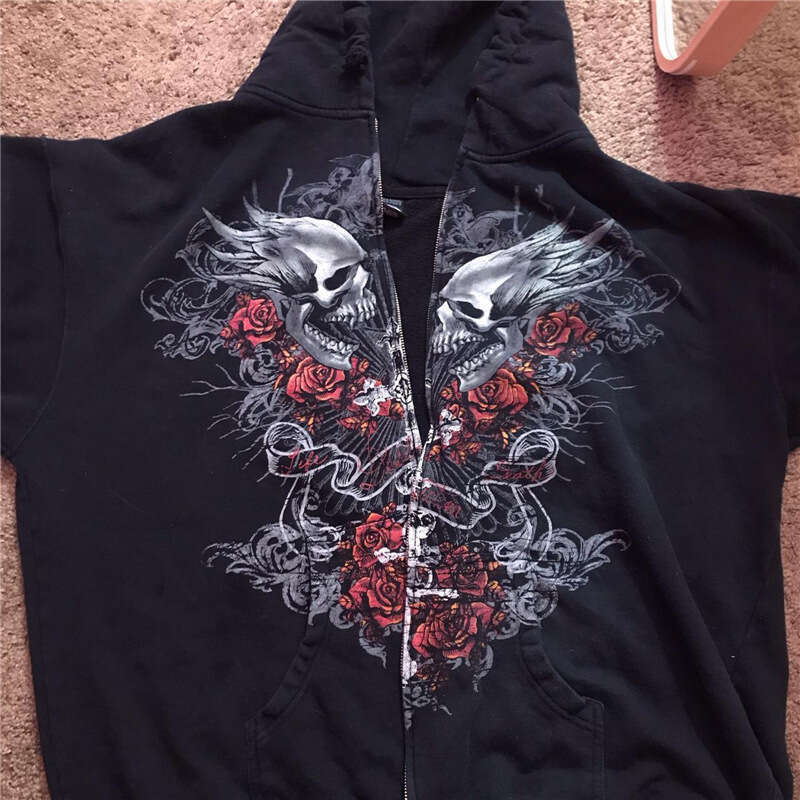 Combhasaki Women Y2k Vintage Grunge Gothic Loose Coat Long Sleeve Skull Print Sweatshirt Outwear Pocket Jacket With Zipper