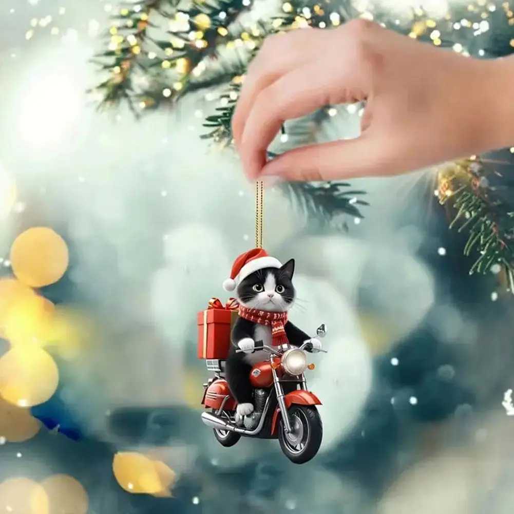 Motorcycle Cat Acrylic Hanging Decoration Christmas Tree Car 2D Flat Riding Kitten Hanging Ornament Cartoon Pendant For Christma C251024