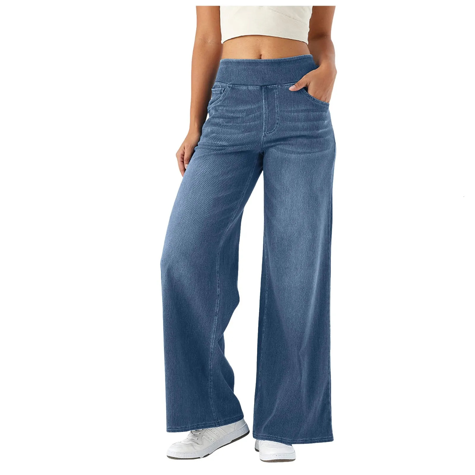 Baggy Ladies Wide Leg Trousers With Elastic Waistband High Waist Stretch Vertical Tube Trousers Stylish Womens Casual Pants 251023