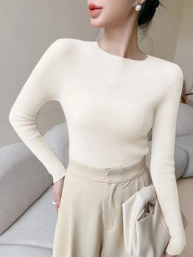 CHICUU Autumn Winter Women Cashmere Sweater Slim Oneck Pullover 100 Merino Wool Knitwear Basic Bottom Sweater Korean 251023