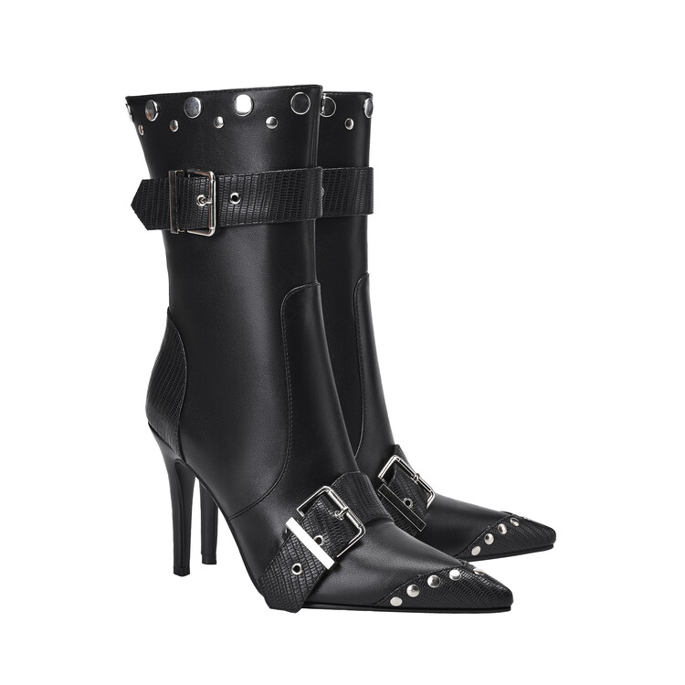 Chengdu Craftsmanship Two-Way Wear Punk Stud Boots 10cm Stiletto Heel Belt Buckle Pointed Toe Ankle and Knee High Boots Black