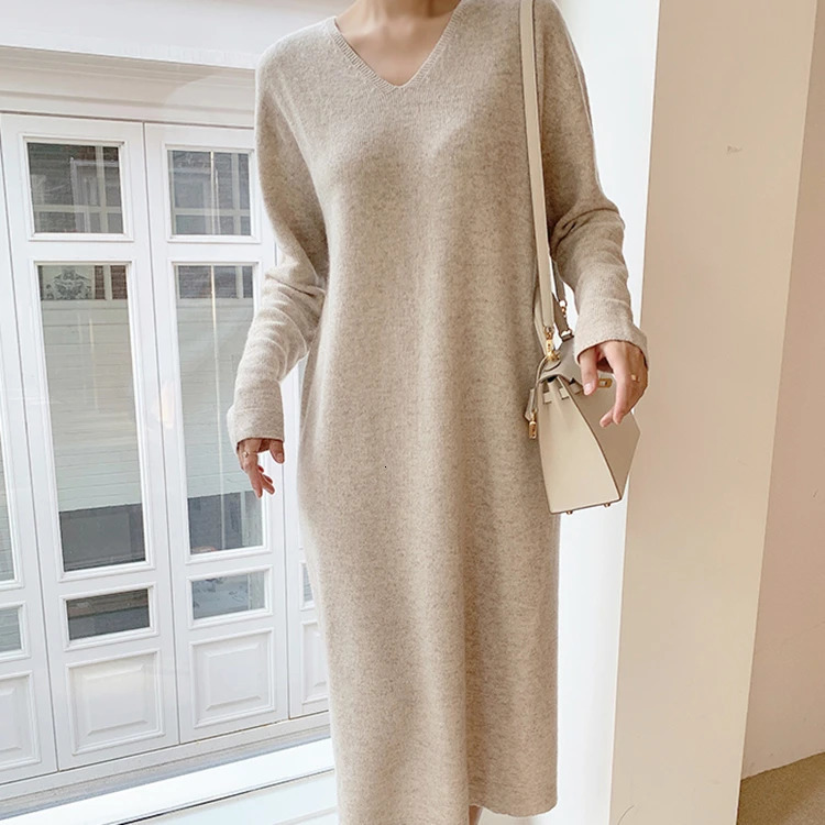 Long Sweater Dress Women Autumn Winter V Neck Knitted Loose Women Maxi Cashmere Dress Korean Style Elegant Dresses 251023