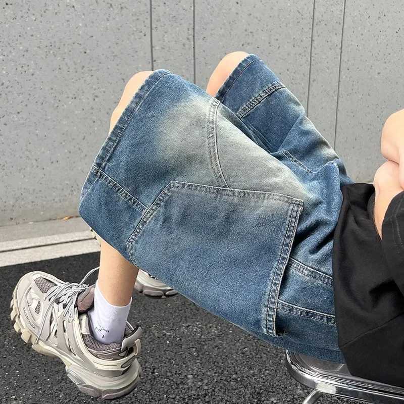 2025 Summer New Baggy Denim Shorts Fashion Casual Straight Harajuku Jeans Male Vintage Wash Drawstring Short Pants StreetwearXJ251025