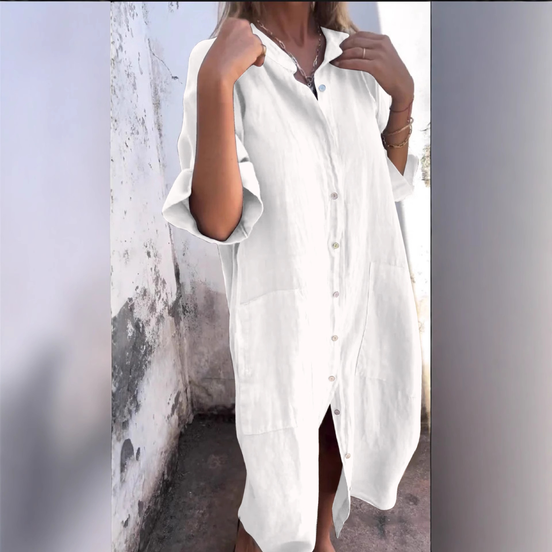 2025 New Womens Loose Fashion Casual Solid Color Half Sleeve Shirt Dress