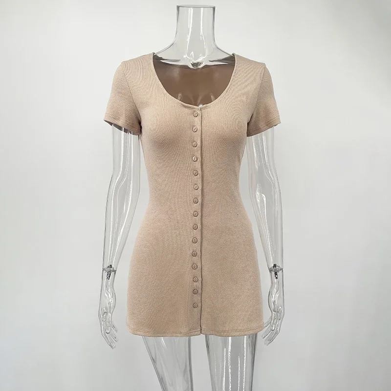 Tornova Knitted Mini Dress Female V Neck Buttons Elegant Short Sleeve Dress High Elasticity Casual Womens Dress 2025 Summer 251023
