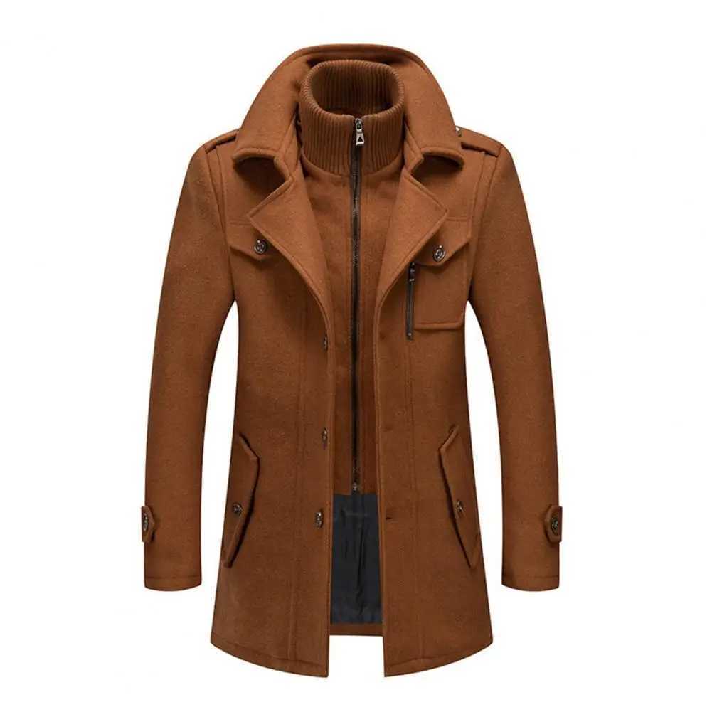 Autumn and Winter Men Woolen Coat Double Stand Collar Long Sleeve SingleBreasted Jacket with Pockets Midlength Outwear 2024T251025