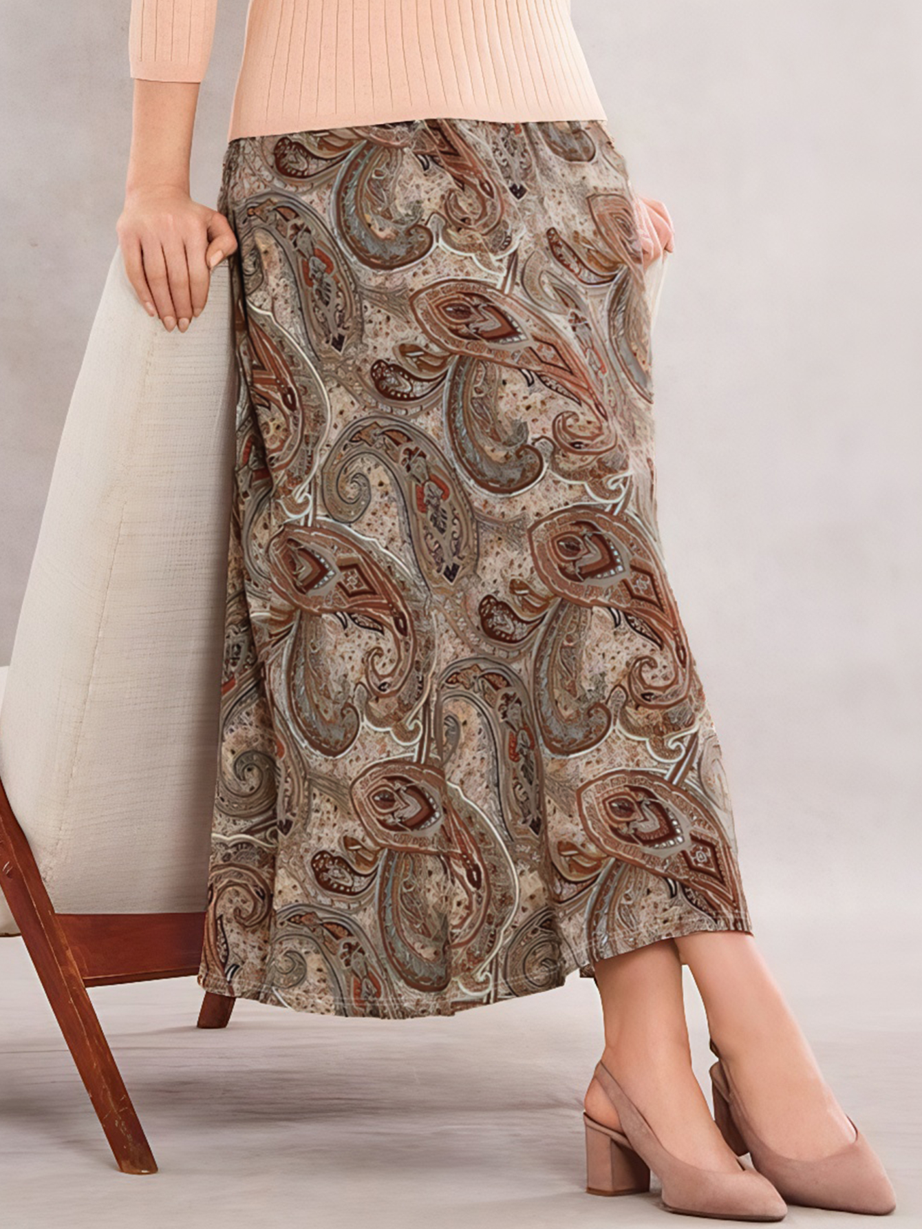 Autumn Winter Women's Fashion Commute Style Paisley Printed Versatile Vacation & Outing Midi Skirt, Milk Silk Khaki Skirt, S-XXL---CF56380