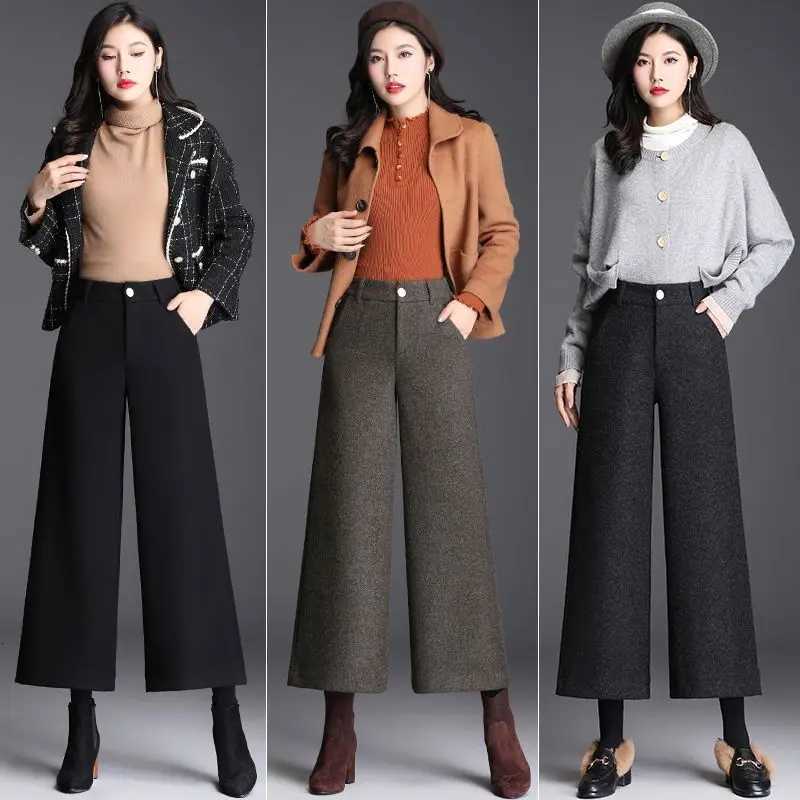 2024 New Woolen Wide Leg Pants Ladies Autumn Winter Anklelength Pants High Waist Loose Straight Fleece Women Clothes TrousersT251025