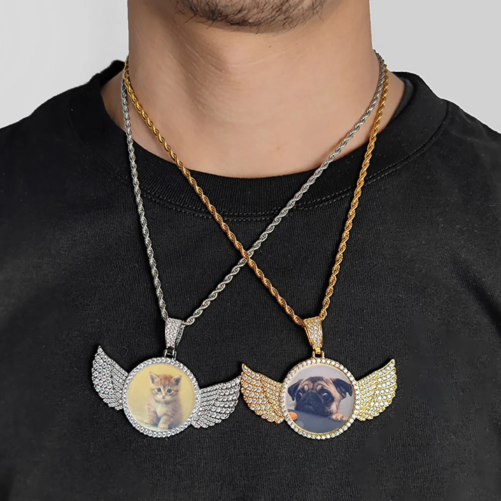 Custom Po Pendant Personalized Iced Out Angel Wings Circle Memory Picture Chain Pendant Medallion Necklace Birthday Gift 251023