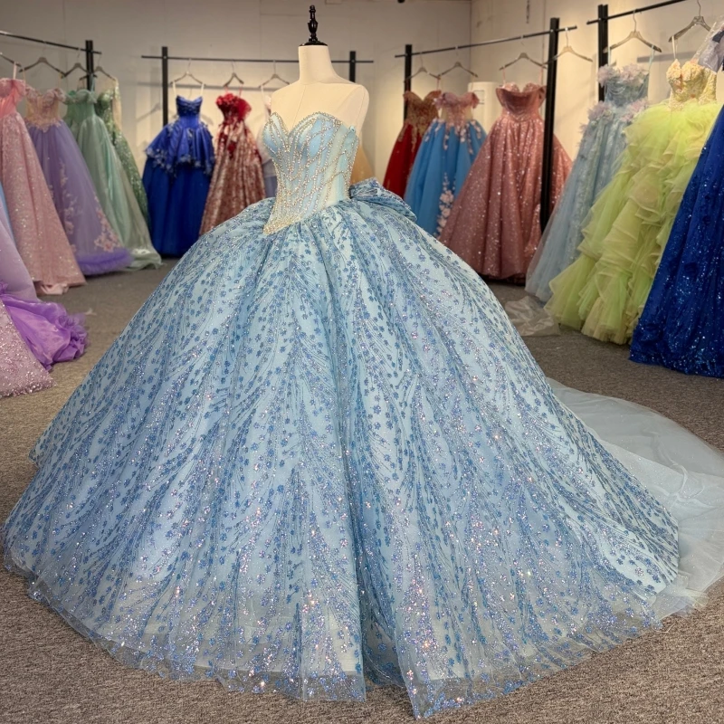 Sky Blue Quinceanera Dresses Ball Gown Off The Shoulder Applique Lace Beading Bow Corset Tiered Tull Party Birthday Sweet 16 Dress Vestidos 15 De Anos