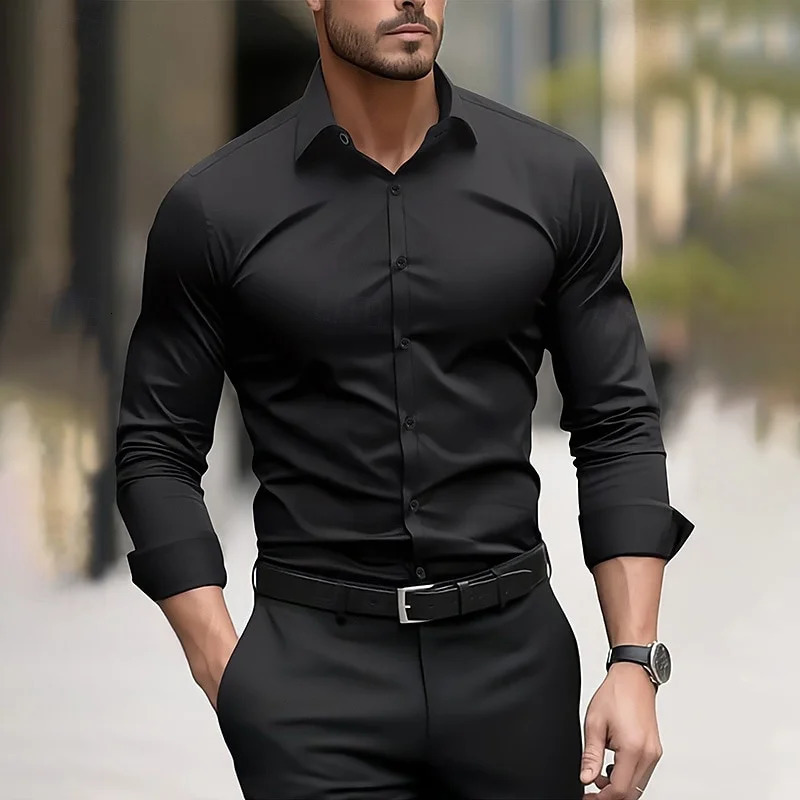 Mens formal shirt solid color wedding outdoor black red navy blue dark green long sleeve lapel summer spring clothing XS6XL 251020