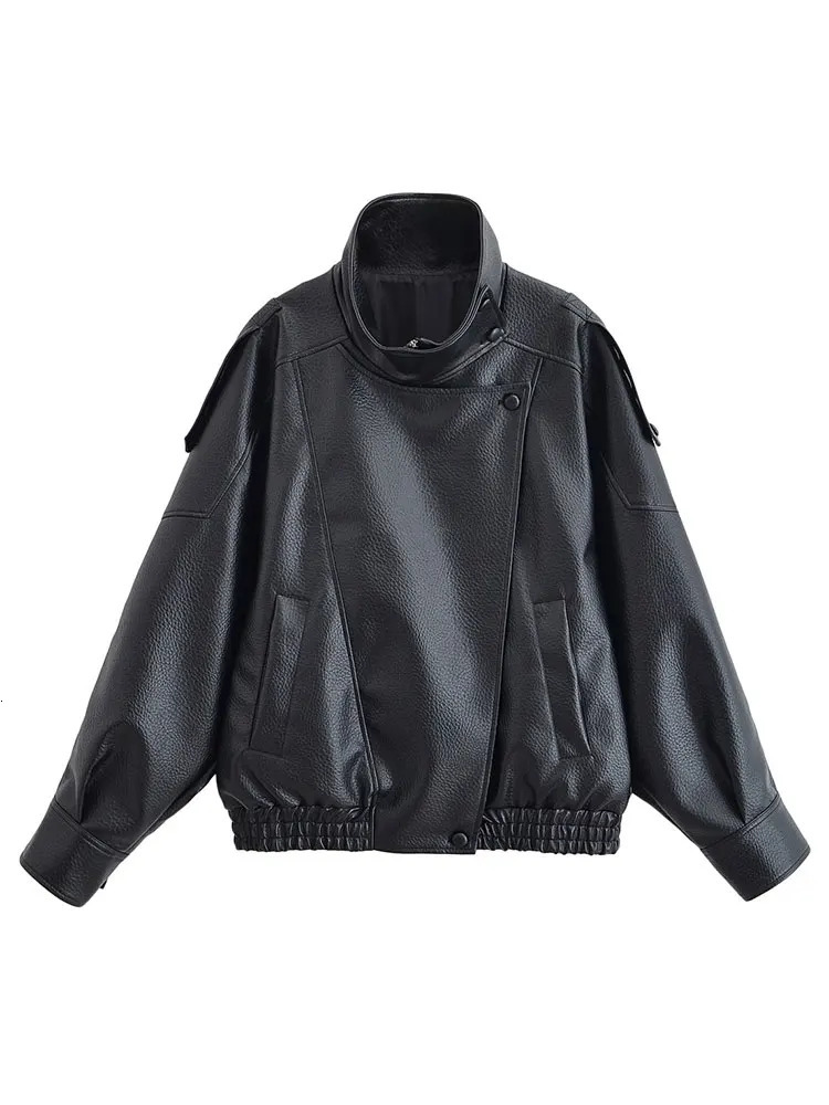 HH Autumn Faux Leather Jacket For Women Casual Solid Long Sleeve Zipper Pu Leather Coats Fashion Female Streetwear 251020