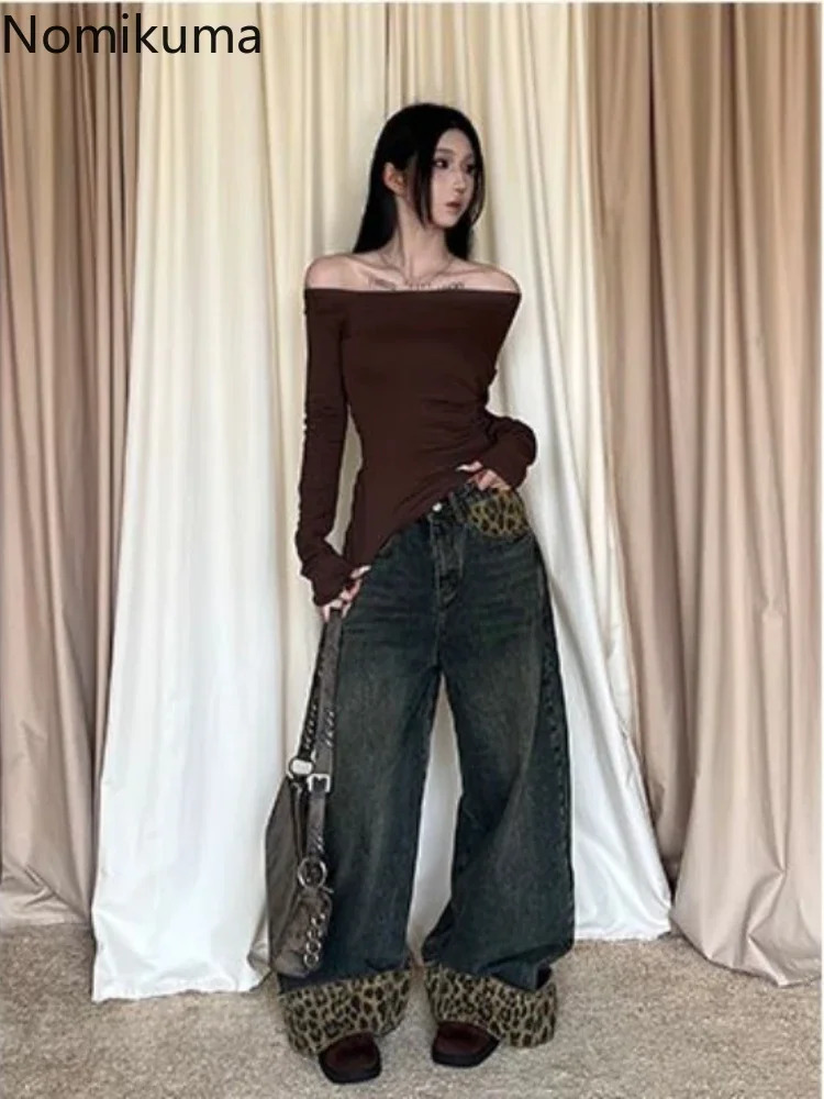Retro Leopard Print Y2k Jeans for Women Harajuku Wide Leg Pants 2025 Bottoms Denim Trousers Casual Straight Fashion Trousers 251023
