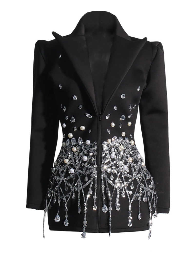 Temperament Women Dress Peaked Lapel Long Sleeve High Waist Spliced Pearls Crystal Sequins Mini Dresses Customized