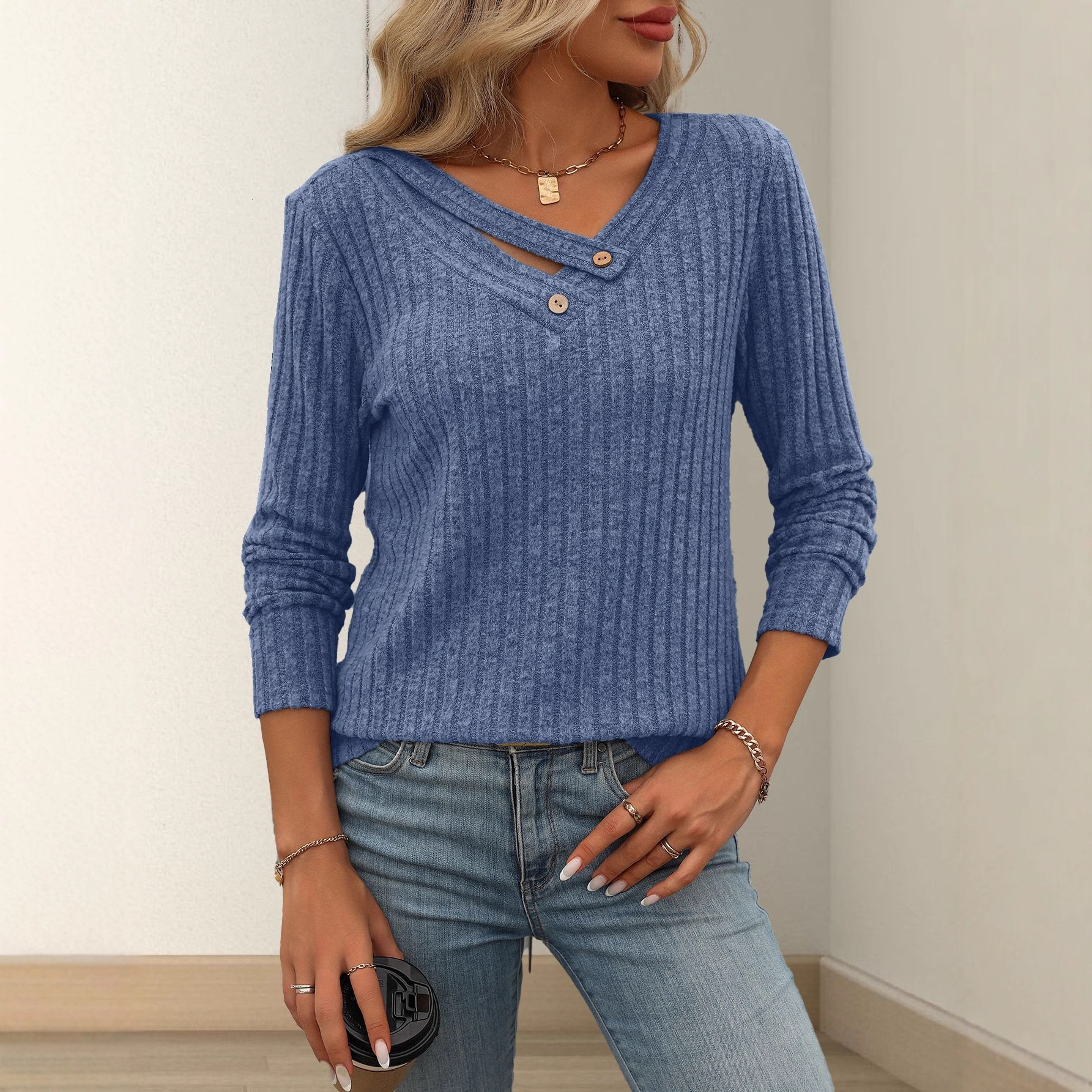 2025 New Womens Clothing Independent Knitted Top Long Sleeve Button Solid Color Vneck Women