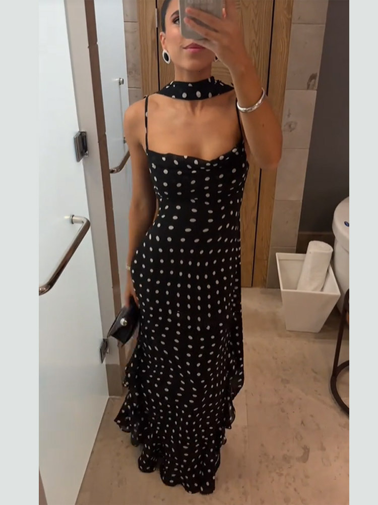 Designer elegant high-end sleeveless polka dot scarf collar pleated belt new dress