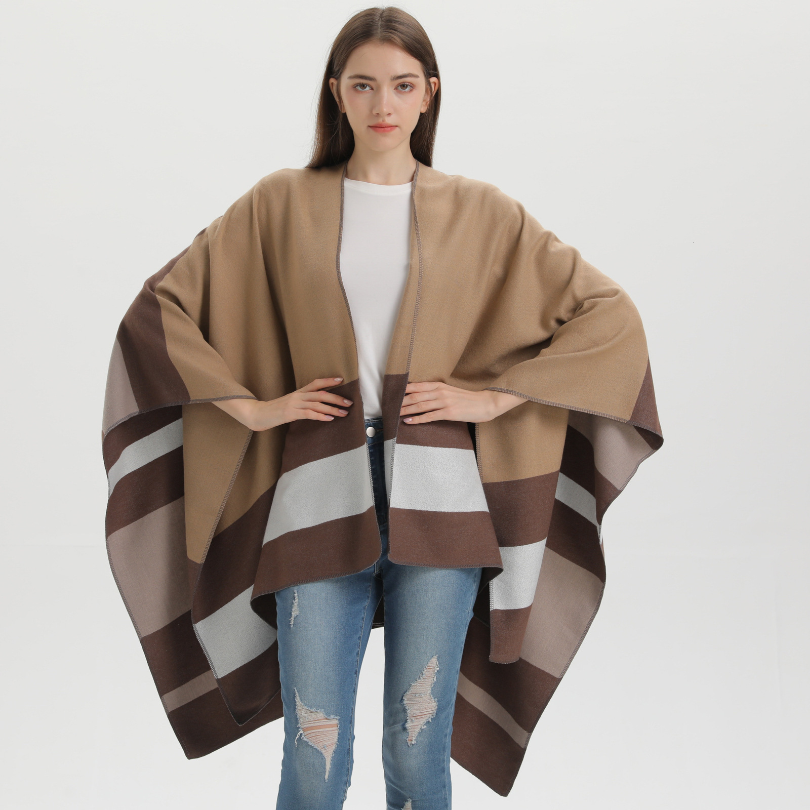 New DoubleSided Scarf Shawl Fashion Striped Cape Womens Outerwear Warm Cardigan