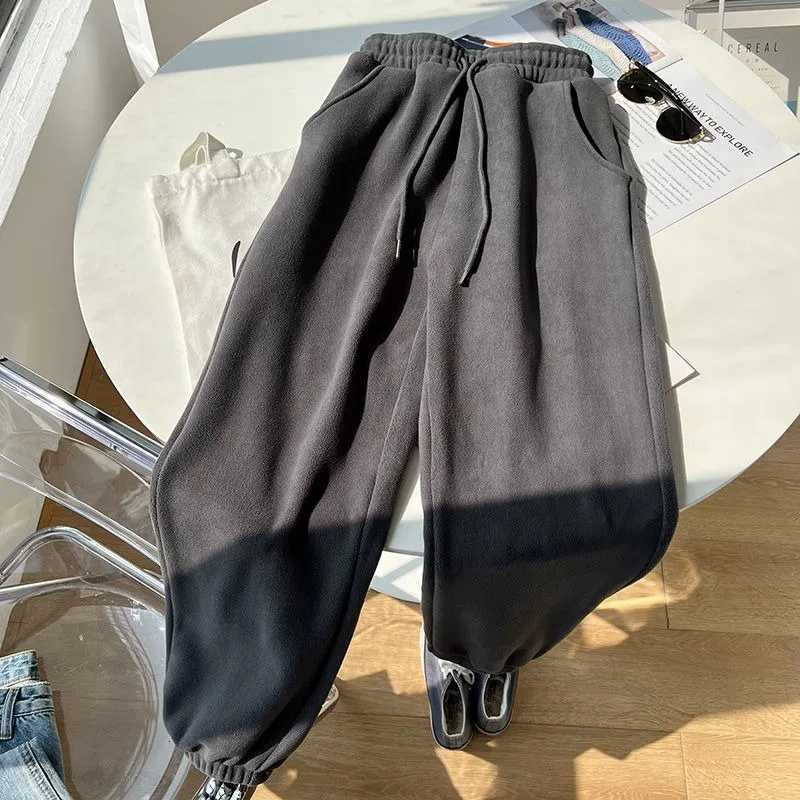 Fleece Pants Women Solid Thick Warm Loose Autumn Winter Leisure Sports Ankle Length Pockets Drawstring Students Preppy Chic LadyT251025